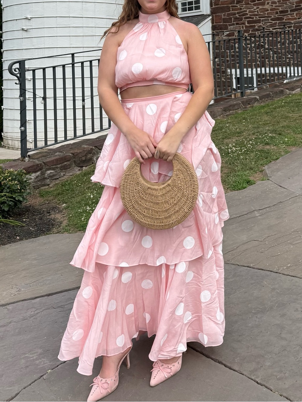 These Three Pink Polka Dot Tiered Maxi Skirt Set